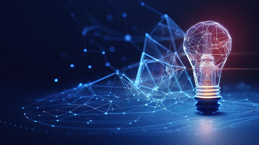 Abstract blue glowing light bulb.Low-poly style. Abstract neon frame style.