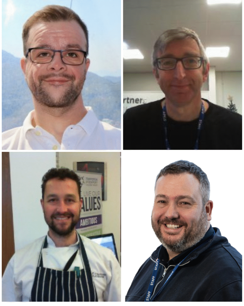 left to right Dan Norris 365 Development and Administration Officer. Danny Cottrell Lecturer, Counselling. Paul Taylor Programme Leader, Hospitality. Mark Watson Group Director of Premises.